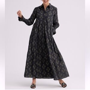 Chico’s Lurex tiered shirt style maxi dress in black w/gold diamond pattern 8